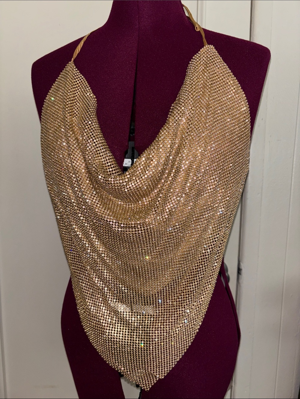 Fashion Nova Gold Draped Rhinestone Halter Top